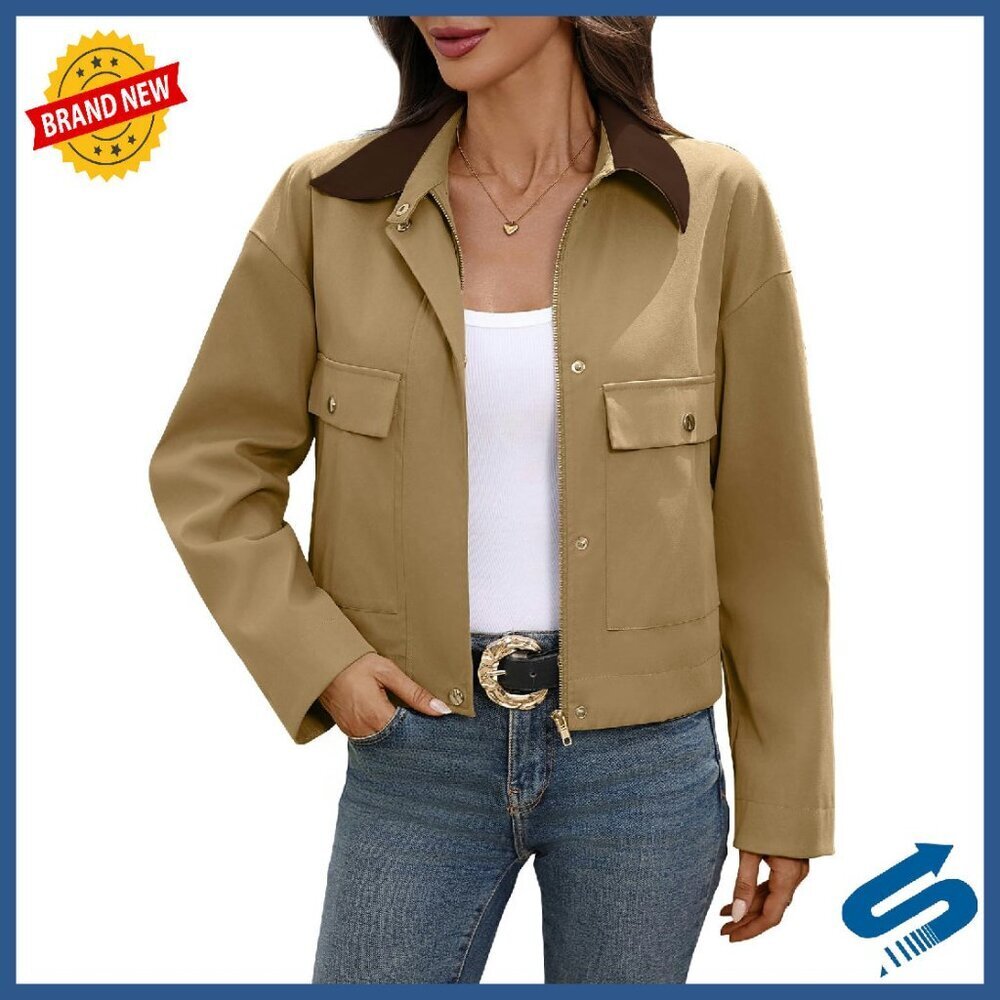 Cropped Barn Jacket with Contrast Collar, Zip Up, Snap Buttons, Utility Pockets